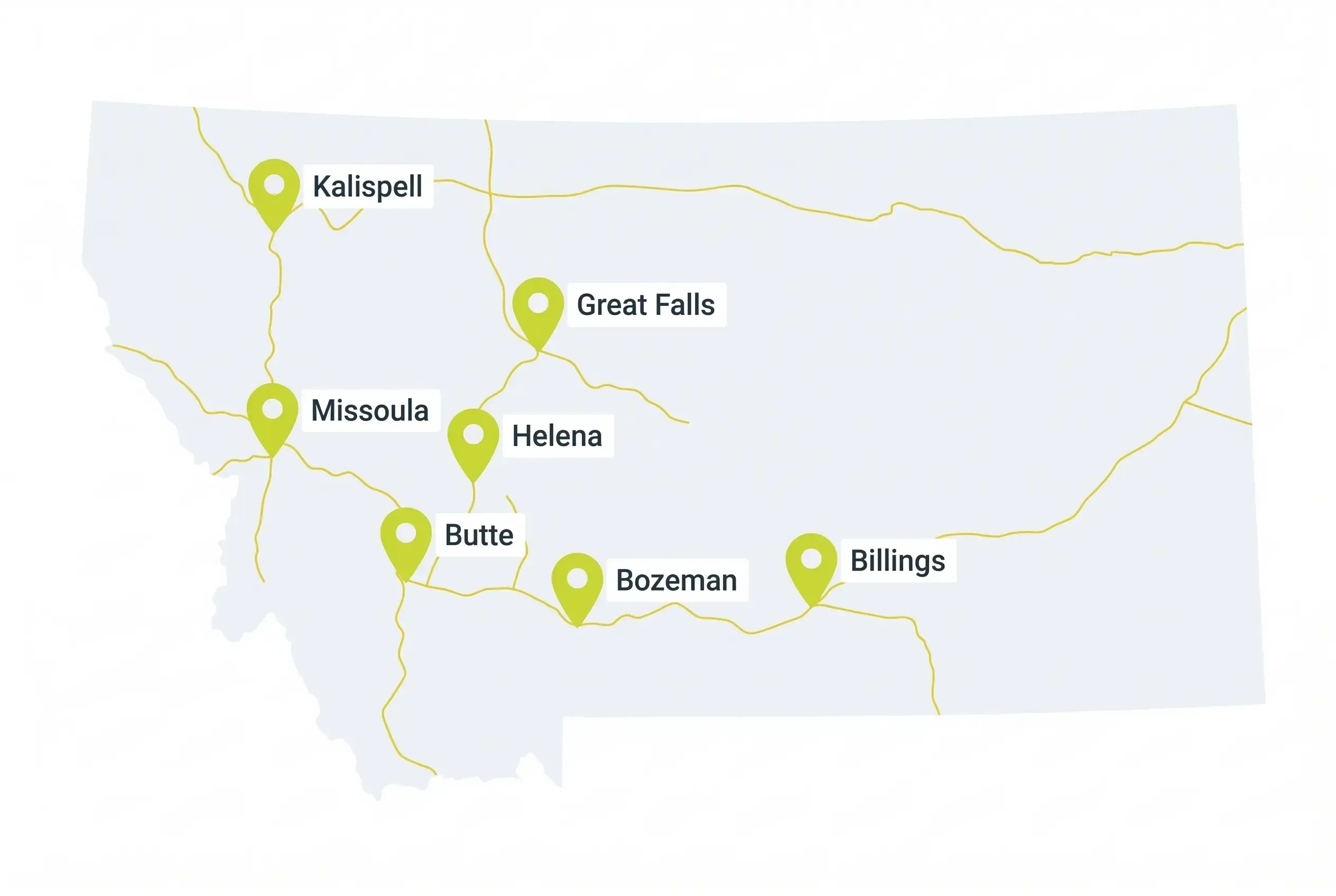 A simplified map of Montana featuring gold highway lines and green location pins marking the cities of Kalispell, Missoula, Great Falls, Helena, Butte, Bozeman, and Billings.