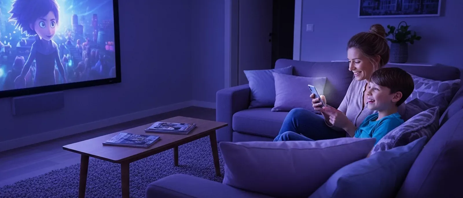 Mother and child streaming a movie inside a smart home