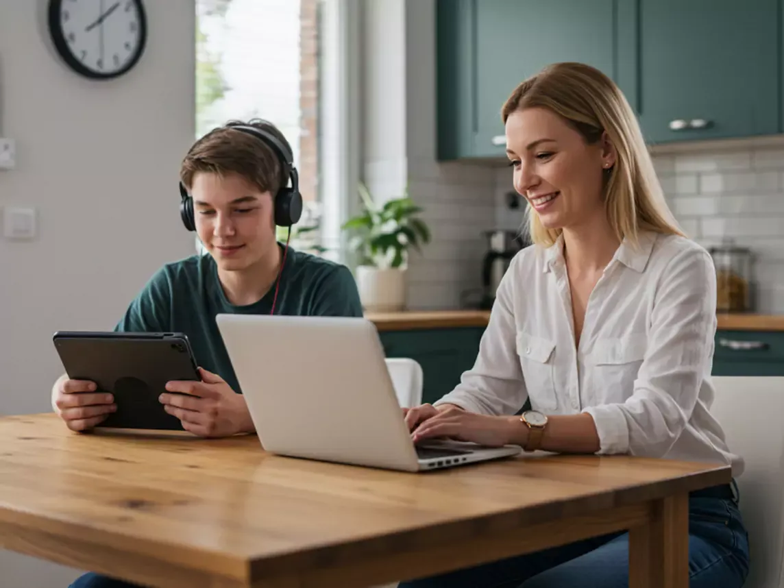 Mother and son use fast internet devices