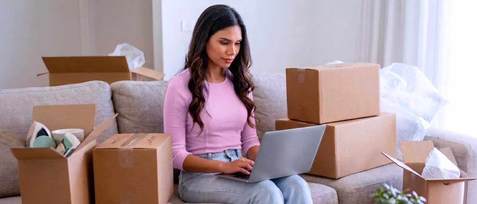 Woman sitting at her laptop in between a bunch of moving boxes.