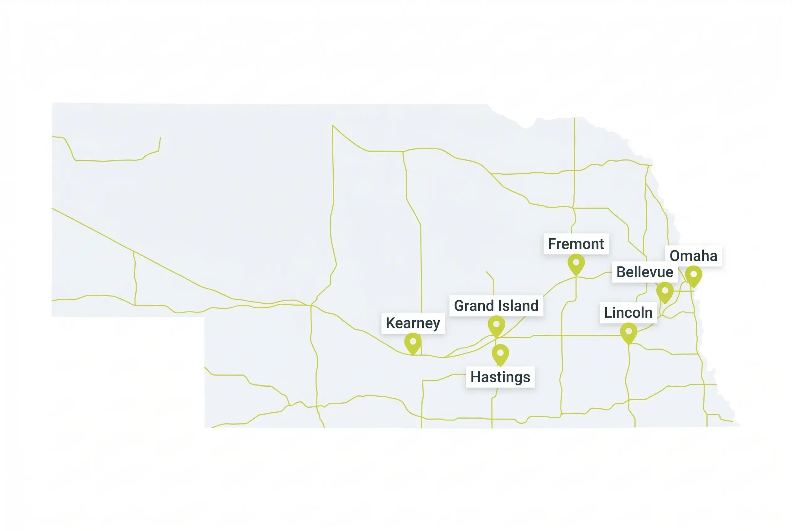 A simplified map of Nebraska featuring gold highway lines and green location pins marking the cities of Kearney, Grand Island, Hastings, Fremont, Lincoln, Bellevue, and Omaha.