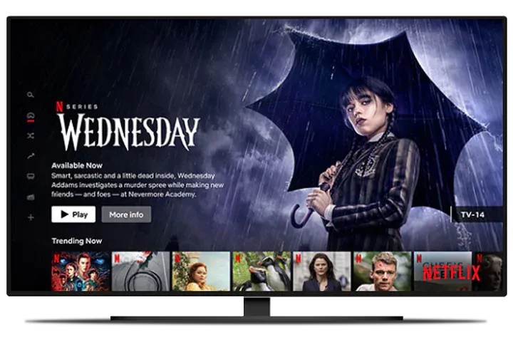 Netflix's home screen with the hit show Wednesday on the TV screen.