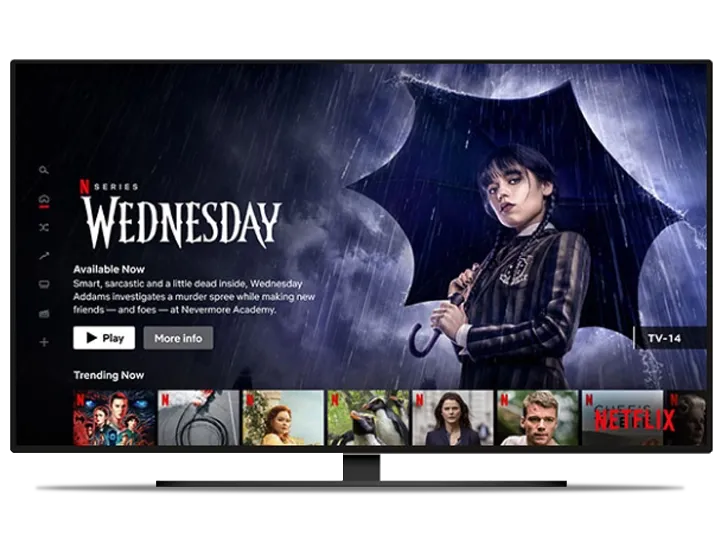 Netflix's home screen with the hit show Wednesday on the TV screen.