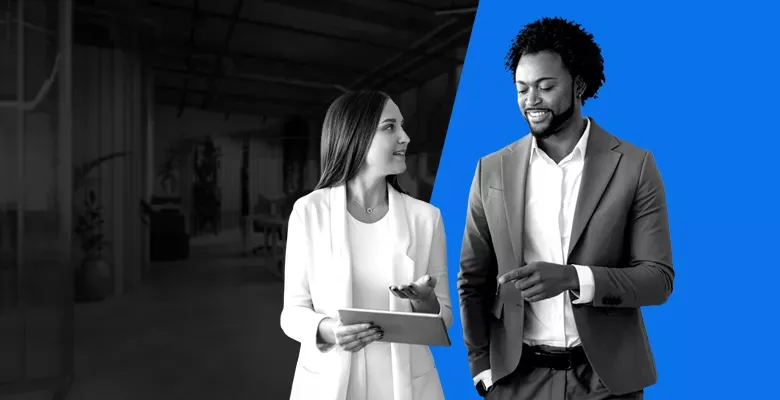 woman and man talking together