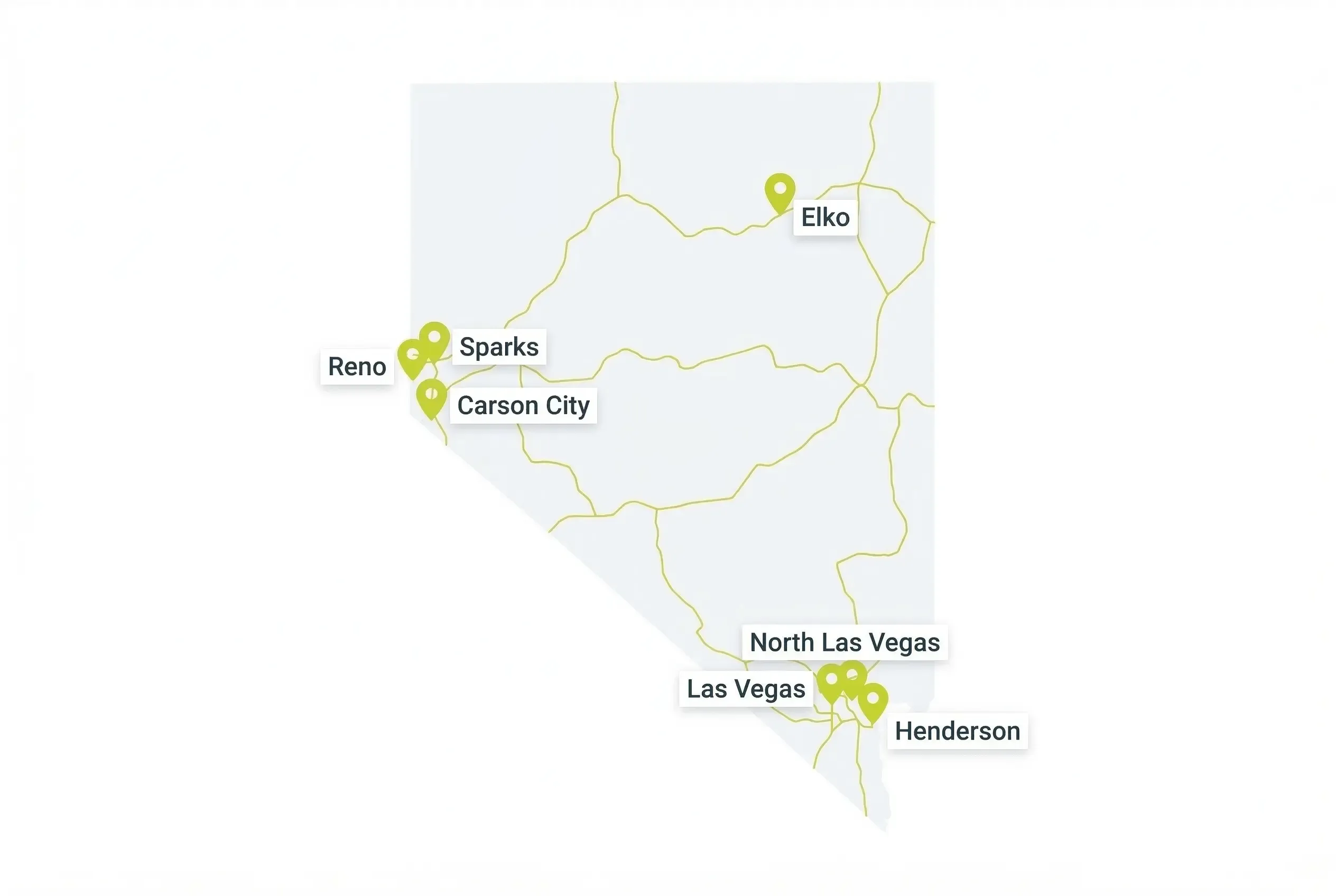 A simplified map of Nevada featuring gold highway lines and green location pins marking the cities of Reno, Sparks, Carson City, Elko, North Las Vegas, Las Vegas, and Henderson.