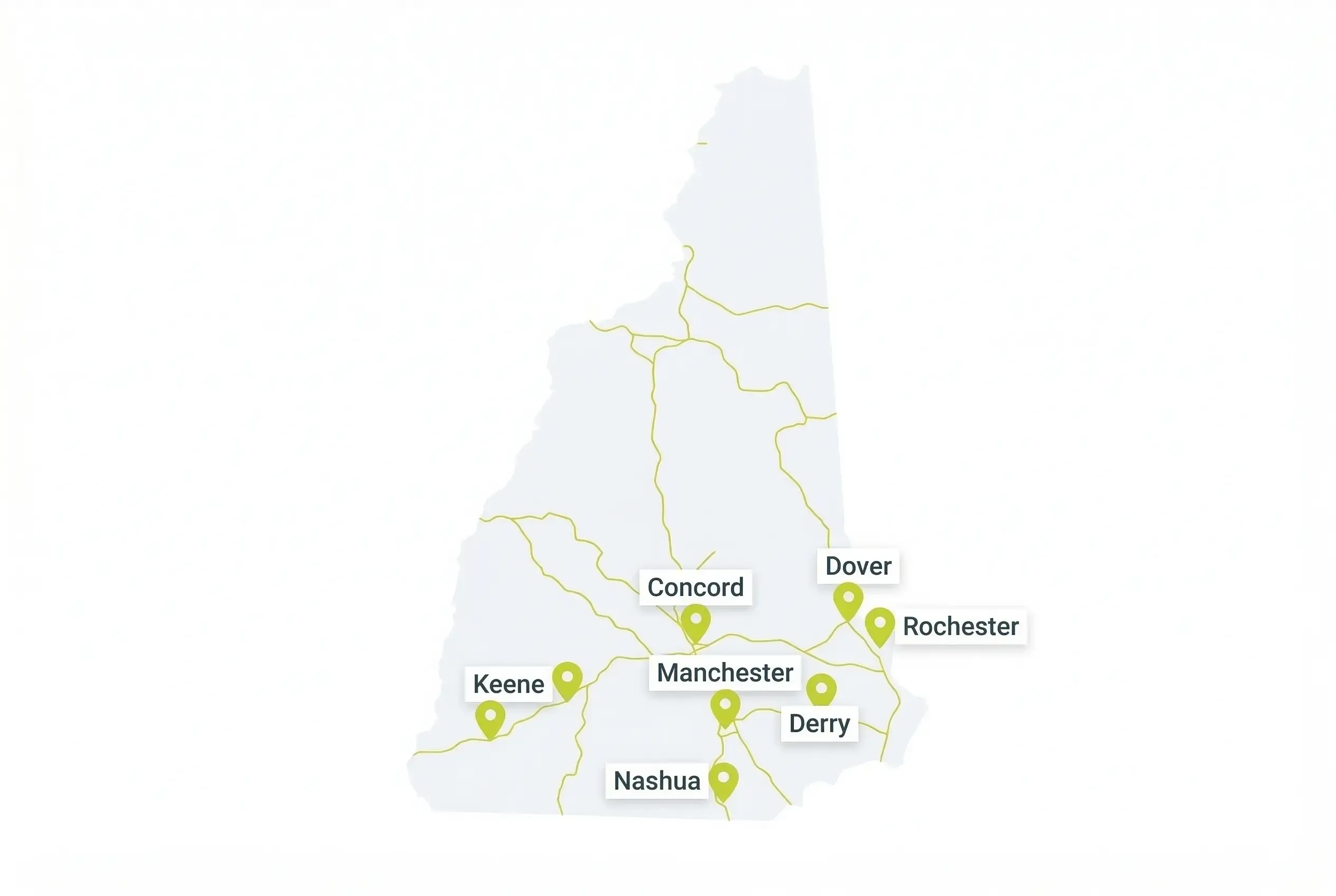 A simplified map of New Hampshire with gold highway lines and green location pins marking the cities of Keene, Concord, Manchester, Nashua, Derry, Dover, and Rochester.