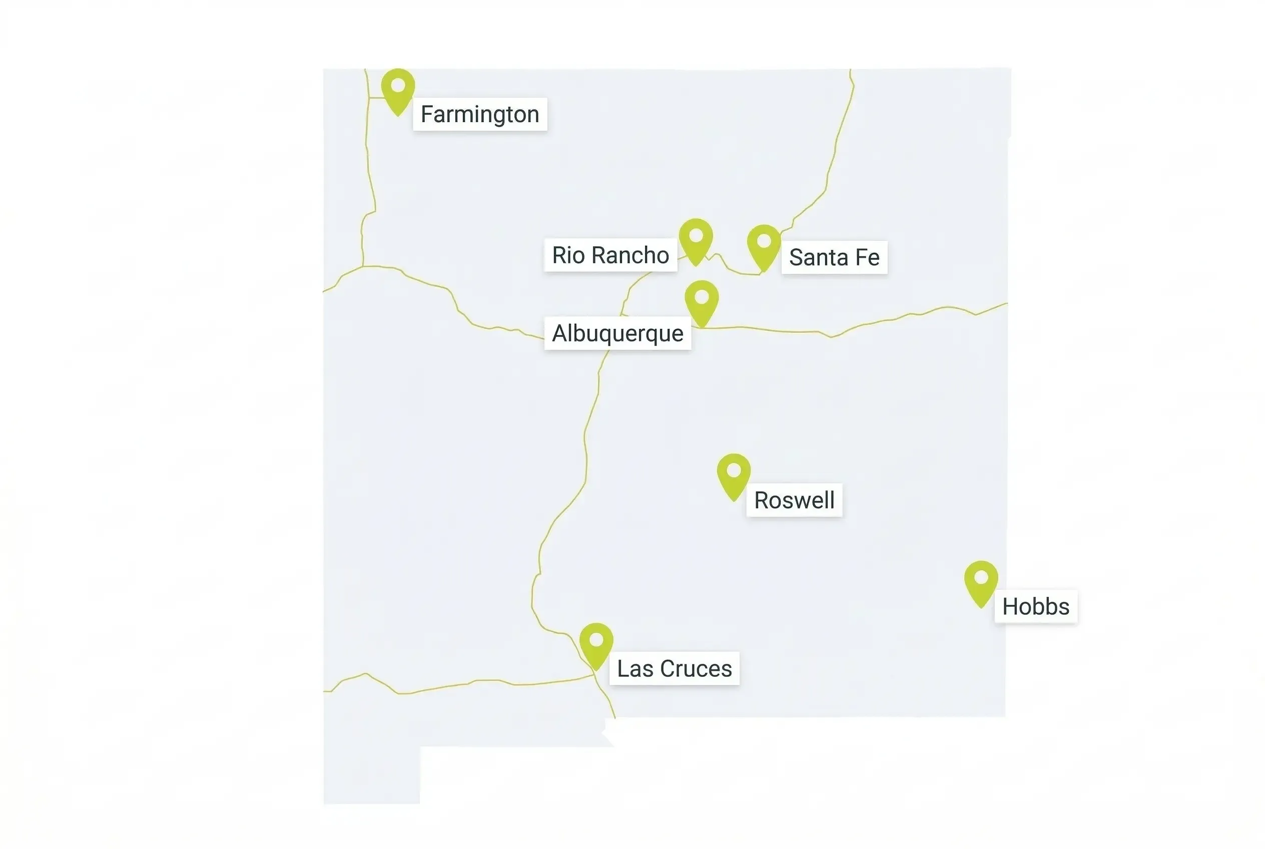 simplified map of New Mexico featuring gold highway lines and green location pins marking the cities of Farmington, Rio Rancho, Santa Fe, Albuquerque, Roswell, Las Cruces, and Hobbs.