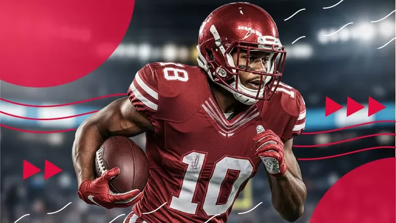An American football player in a red uniform and helmet runs with the ball during a game, with red abstract graphics and stadium lights in the background.