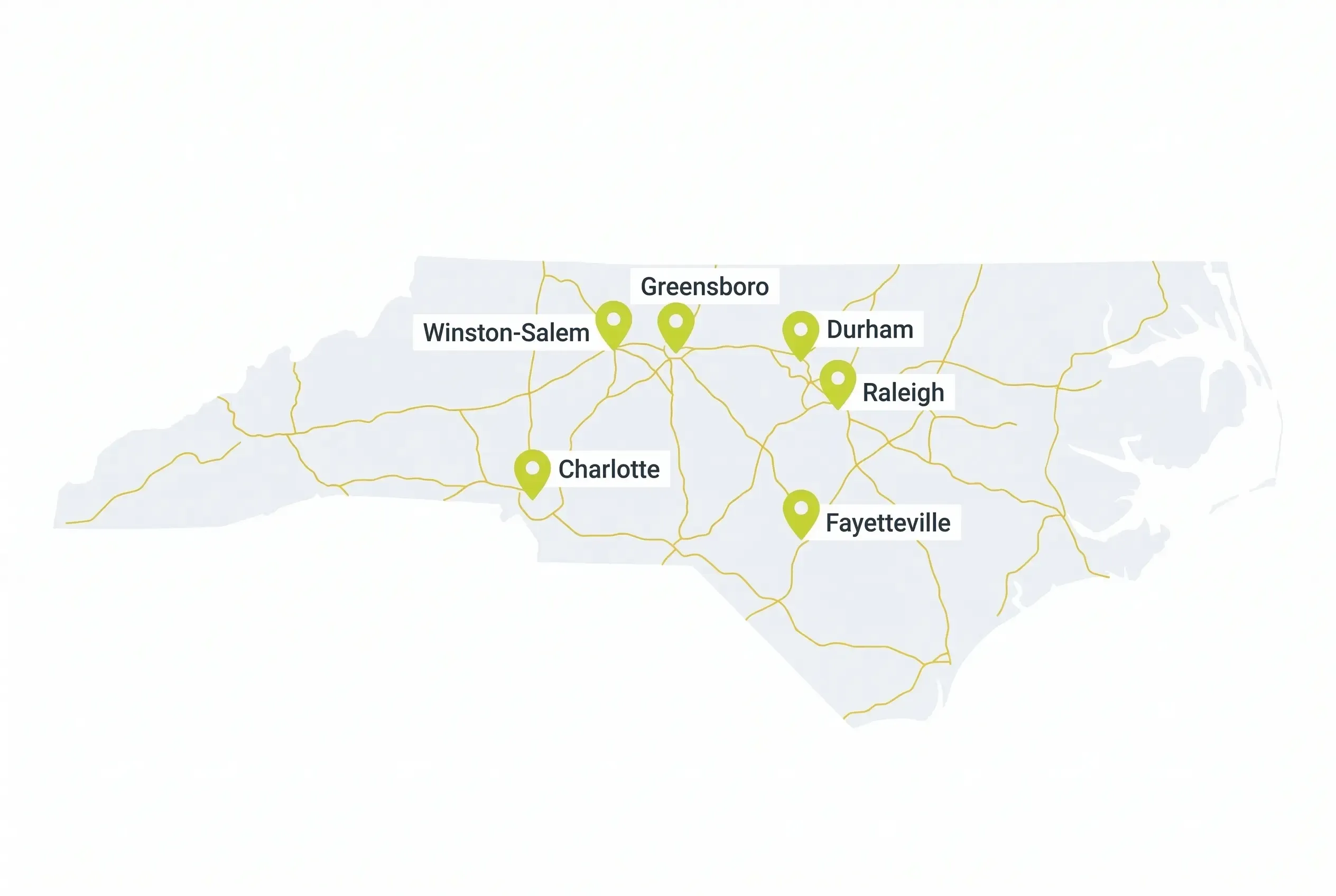 A simplified map of North Carolina featuring gold highway lines and green location pins marking the cities of Winston-Salem, Greensboro, Durham, Raleigh, Charlotte, and Fayetteville.