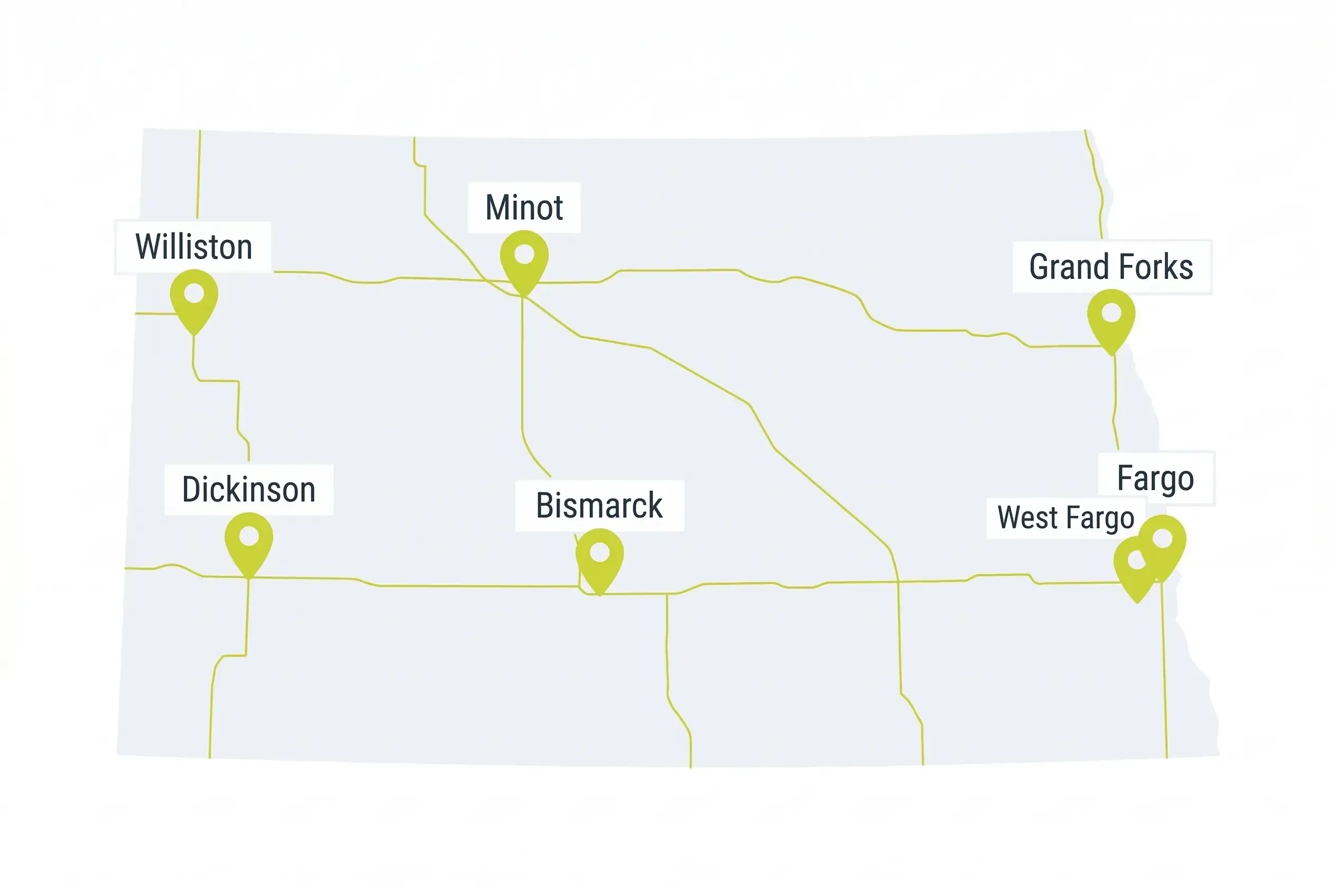 A simplified map of North Dakota featuring gold highway lines and green location pins marking the cities of Williston, Minot, Grand Forks, Dickinson, Bismarck, West Fargo, and Fargo.