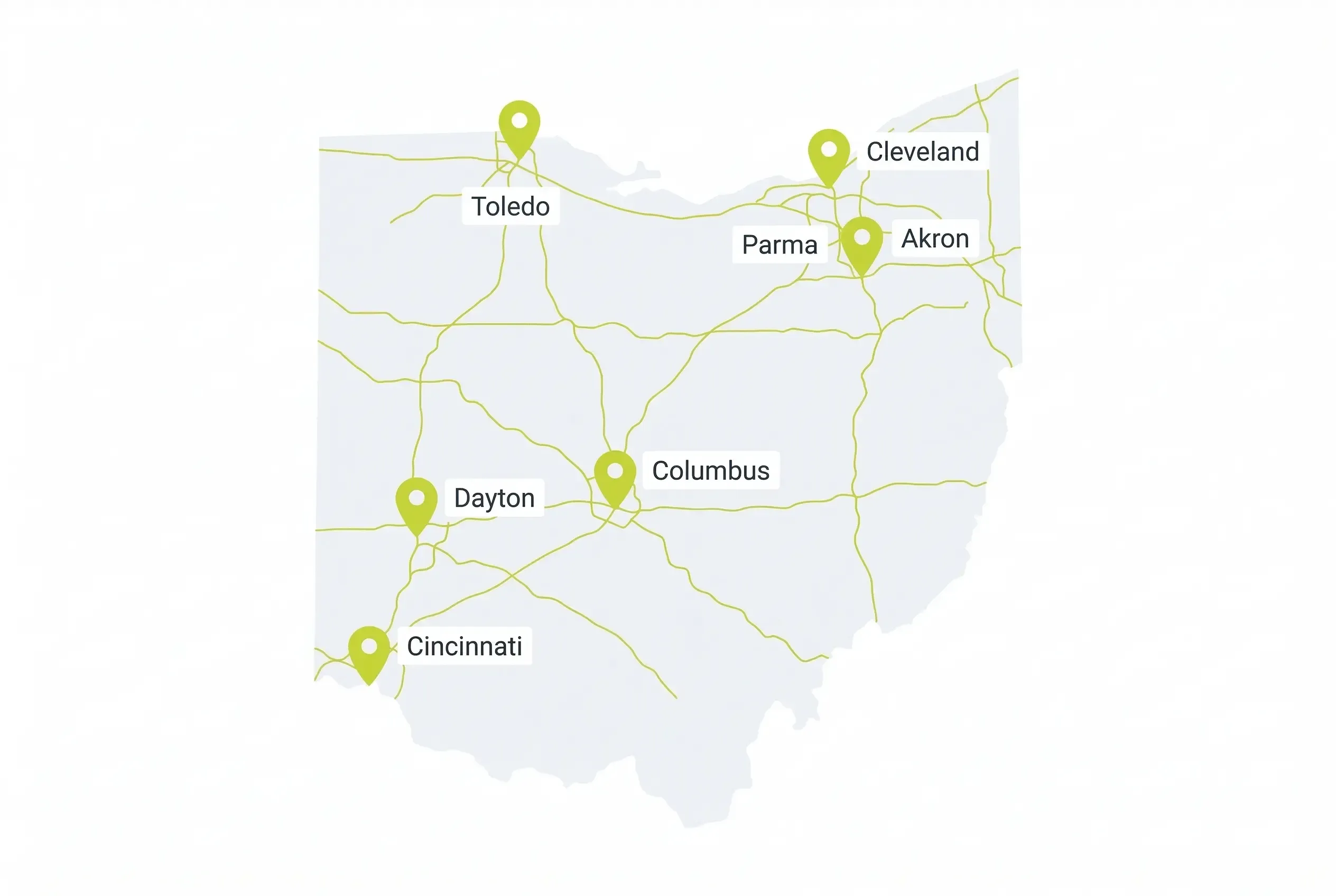 A simplified map of Ohio featuring gold highway lines and green location pins marking the cities of Toledo, Cleveland, Parma, Akron, Dayton, Columbus, and Cincinnati.