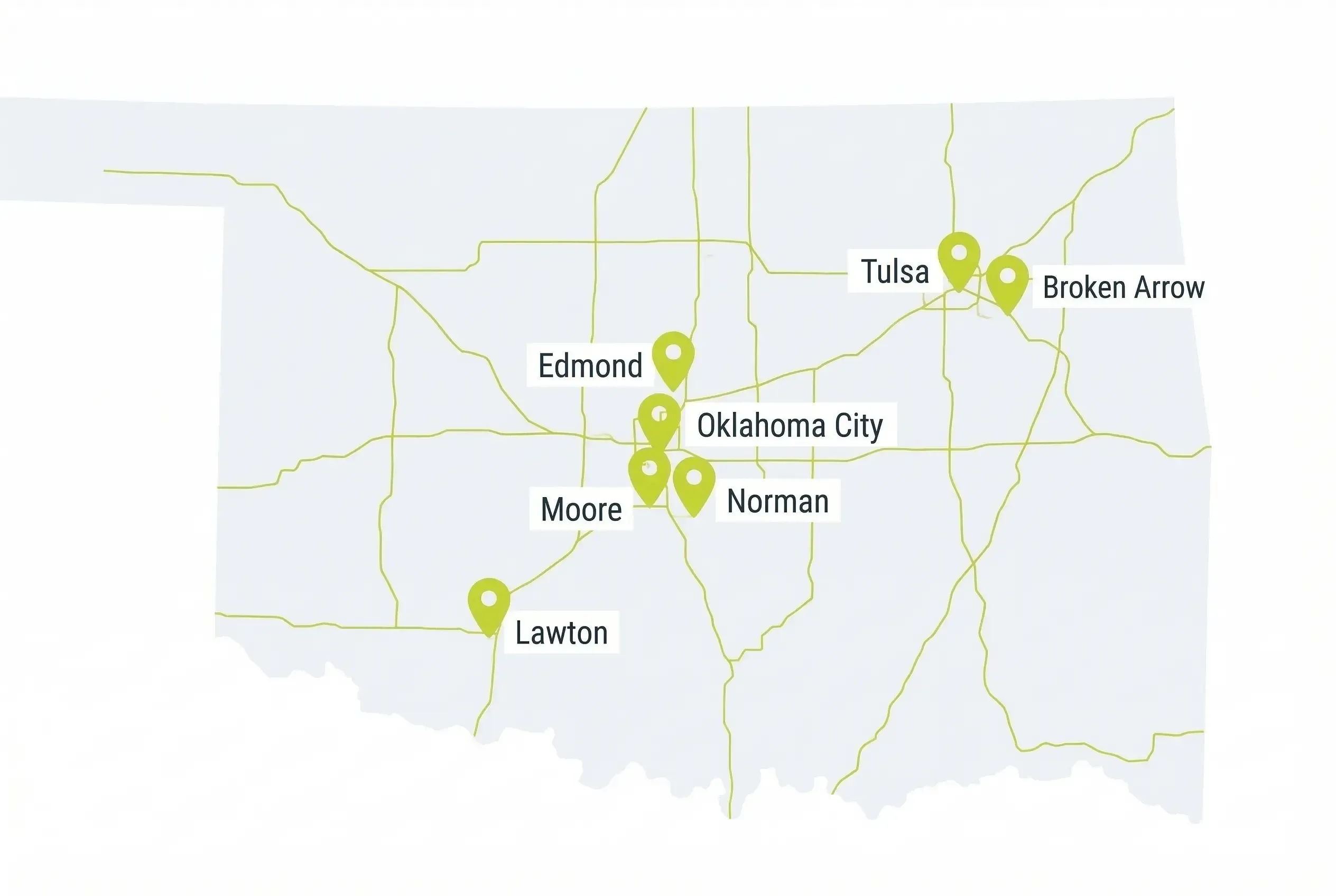 A simplified map of Oklahoma featuring gold highway lines and green location pins marking the cities of Tulsa, Broken Arrow, Edmond, Oklahoma City, Moore, Norman, and Lawton.