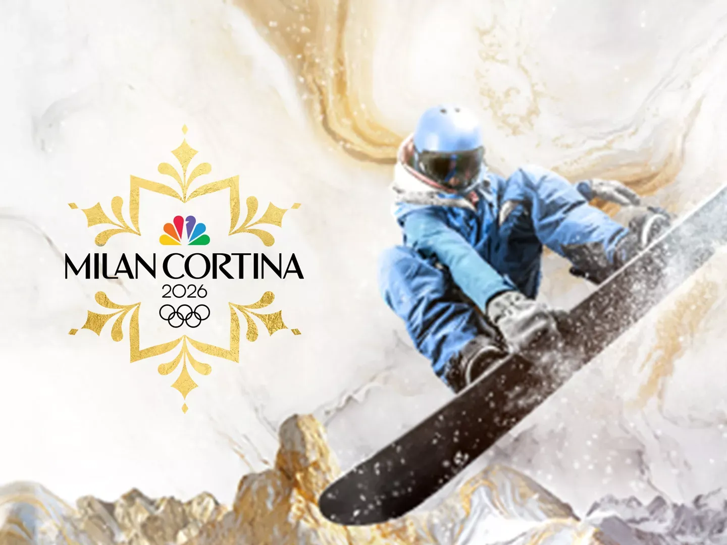 A snowboarder jumps in the air against a stylized background with the Milan Cortina 2026 Winter Olympics logo.