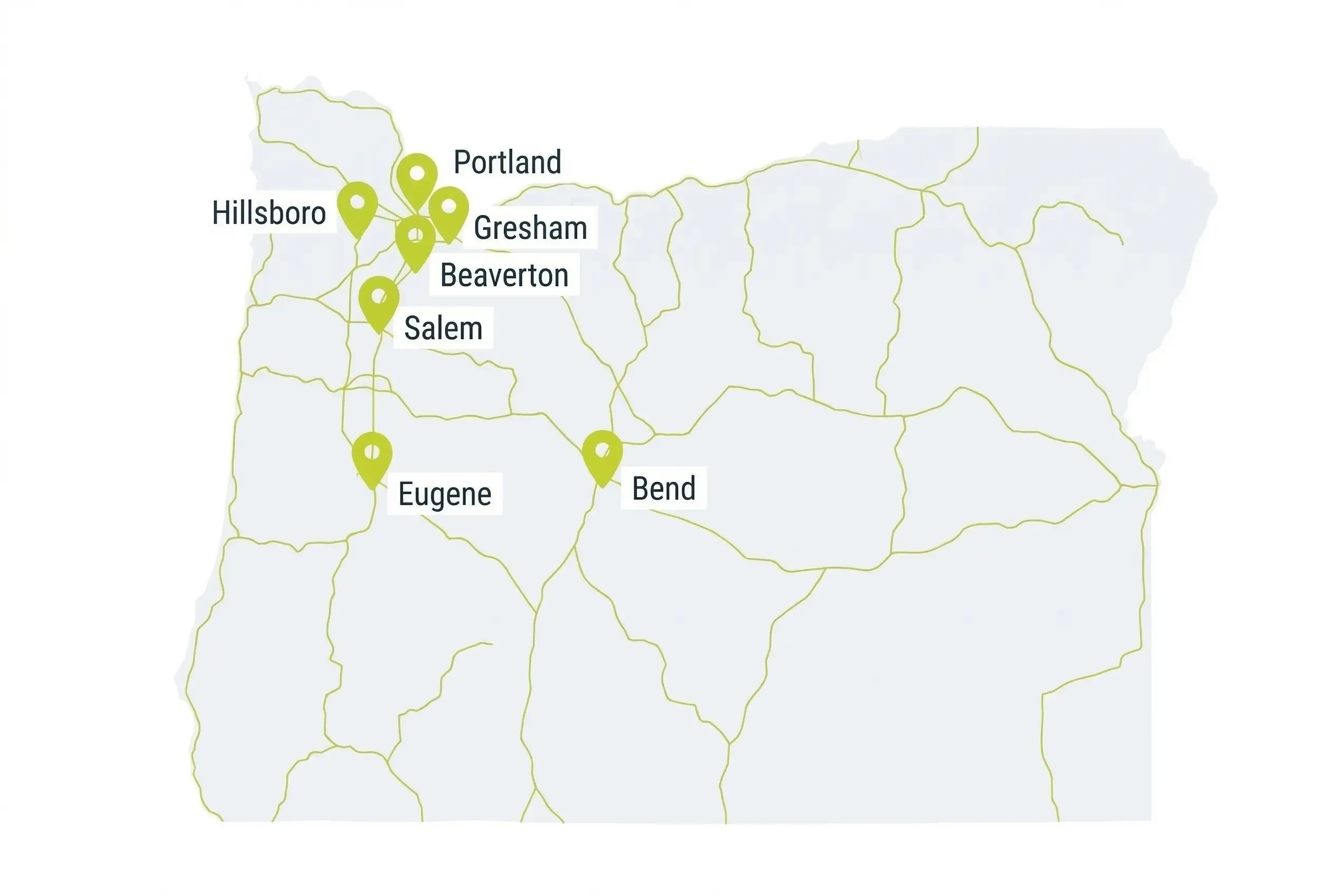 A simplified map of Oregon featuring gold highway lines and green location pins marking the cities of Hillsboro, Portland, Gresham, Beaverton, Salem, Eugene, and Bend.