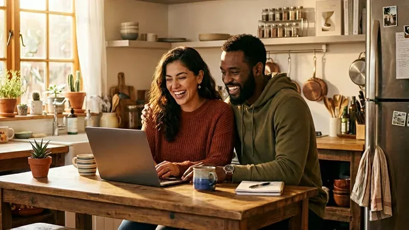 A couple sitting at their table reviewing something on their laptop.