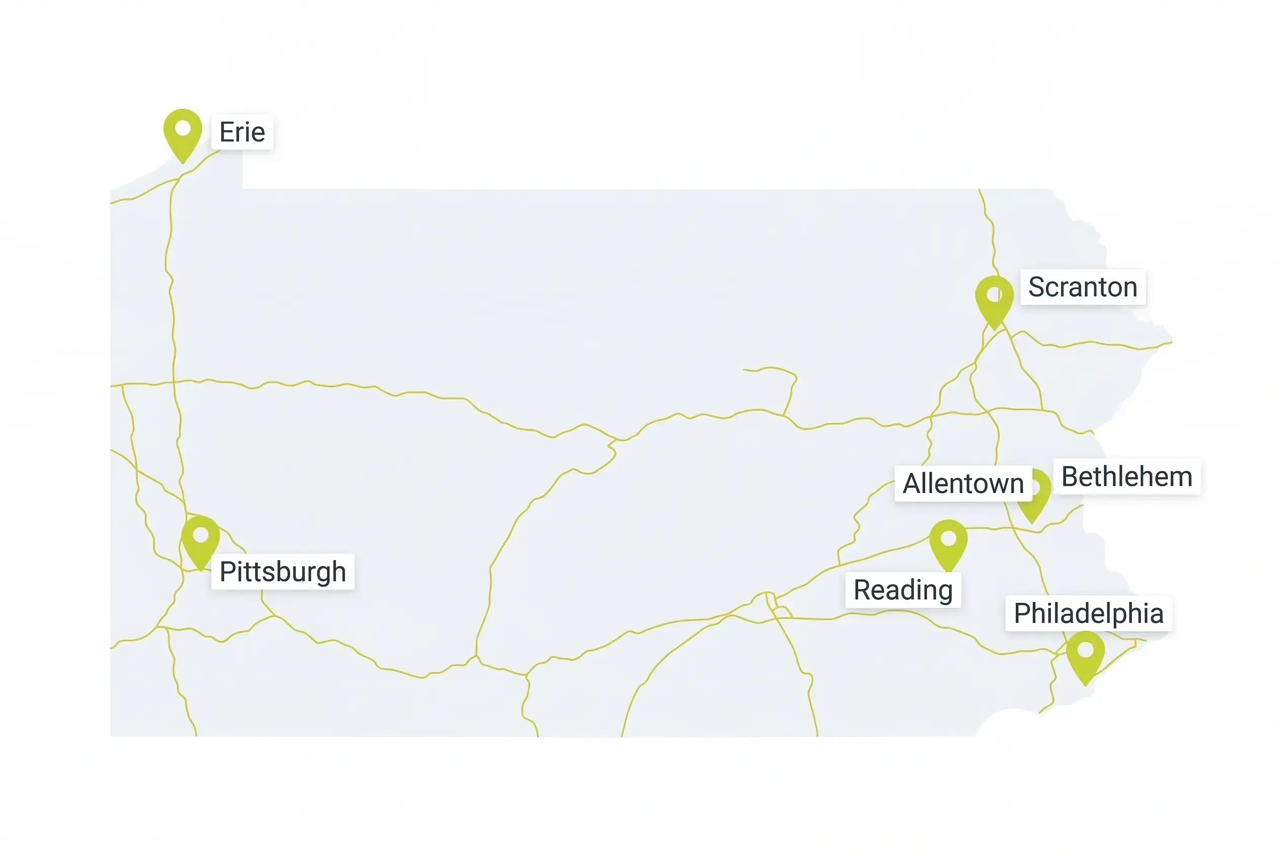 A simplified map of Pennsylvania featuring gold highway lines and green location pins marking the cities of Erie, Pittsburgh, Scranton, Allentown, Bethlehem, Reading, and Philadelphia.