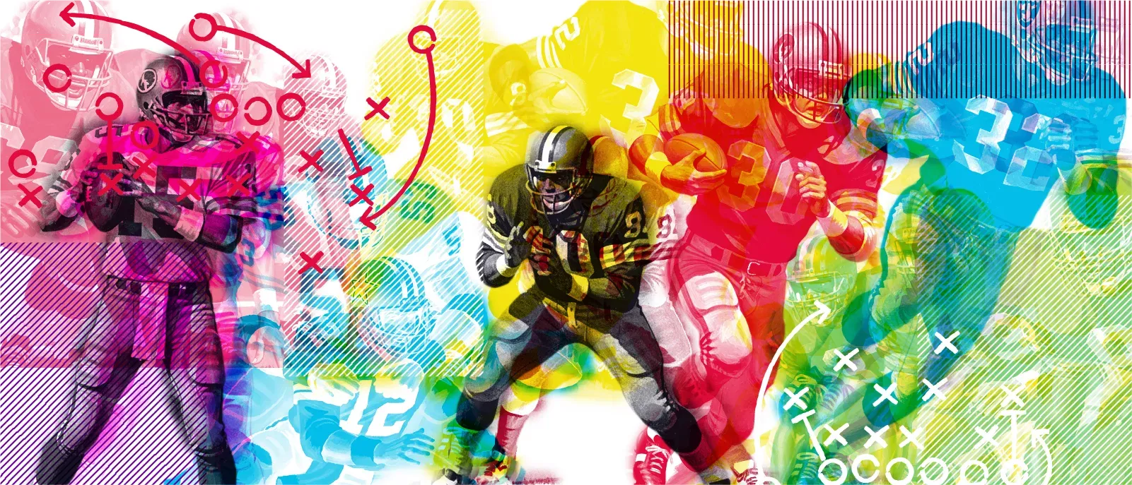A colorful graphic collage featuring various American football players in action, overlaid with red play-call diagrams and vibrant color splashes.