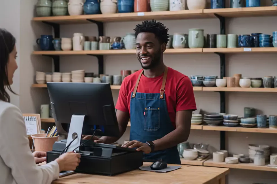 Man helping a customer out at a pottery studio.