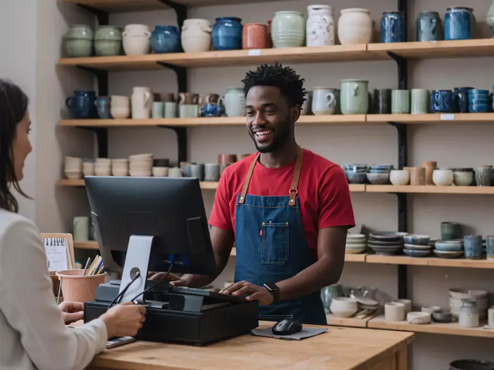 Man helping a customer out at a pottery studio.