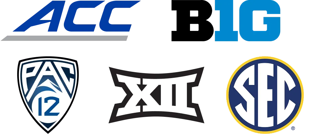 Logos of the NCAA Power Five conferences including the ACC, Big Ten, Pac-12, Big 12, and SEC