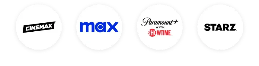 Cinemax, max, paramount+, and starz logos