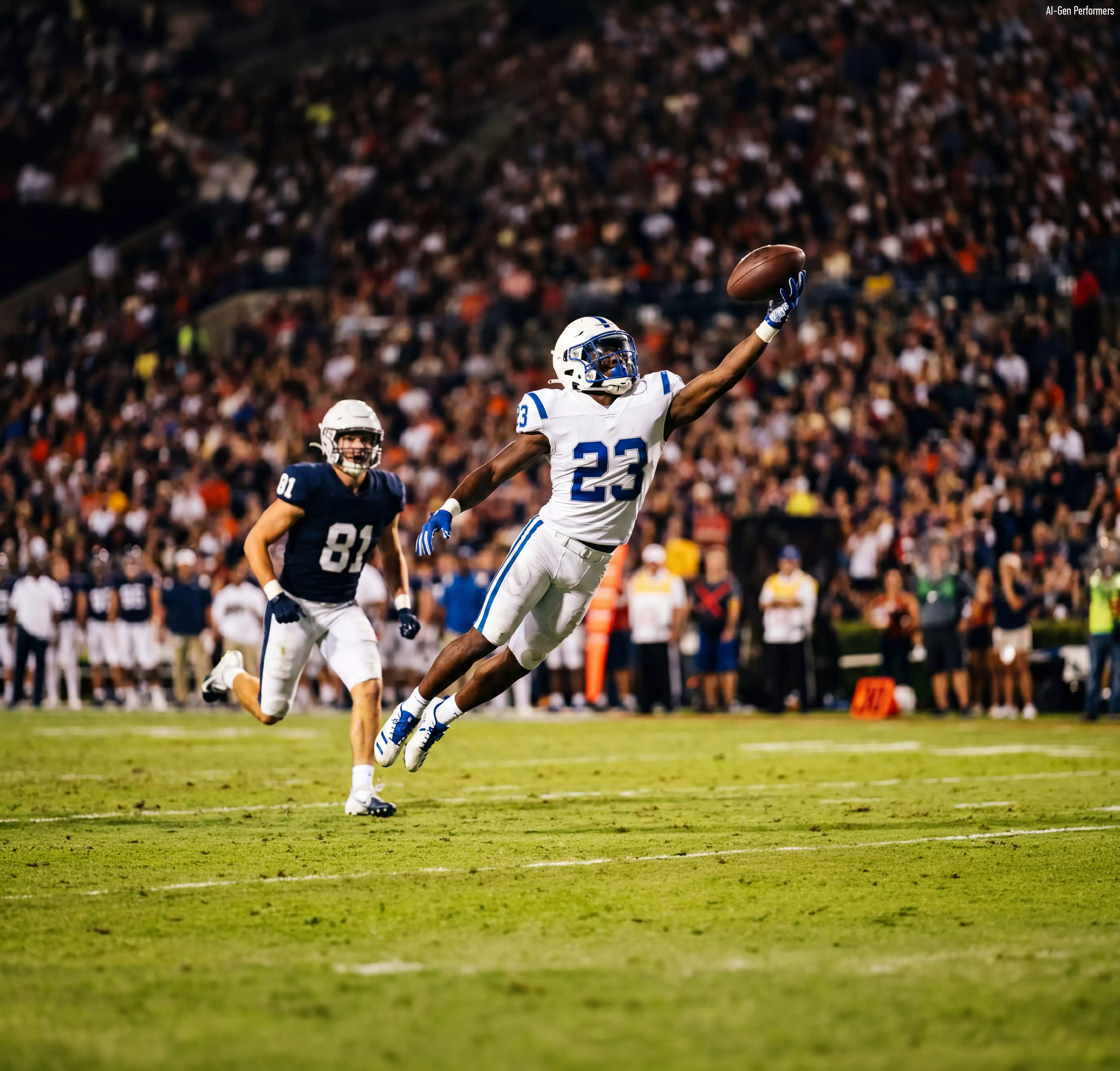 Action shot of player catching the ball during football game
