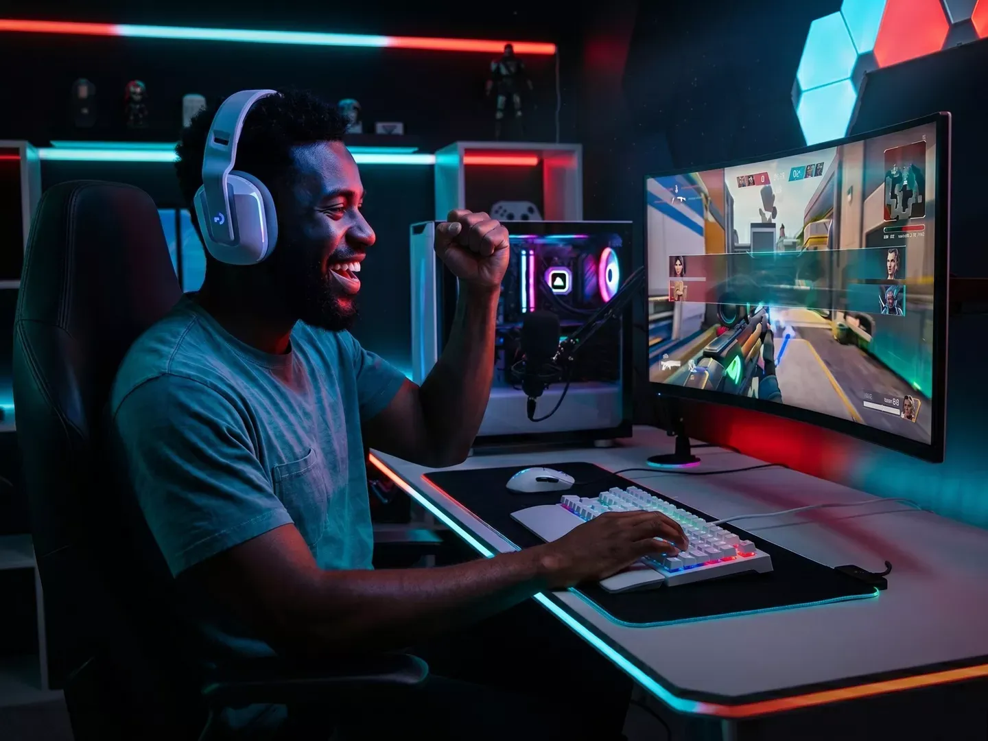 Pro gamer man raising his fist in victory, while playing online PC games.