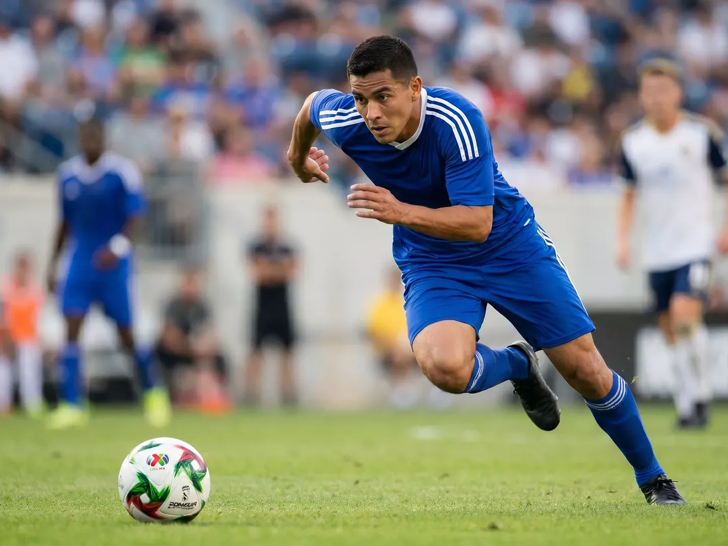 Un jugador de fútbol profesional con uniforme azul corriendo hacia el balón durante un partido en un estadio.