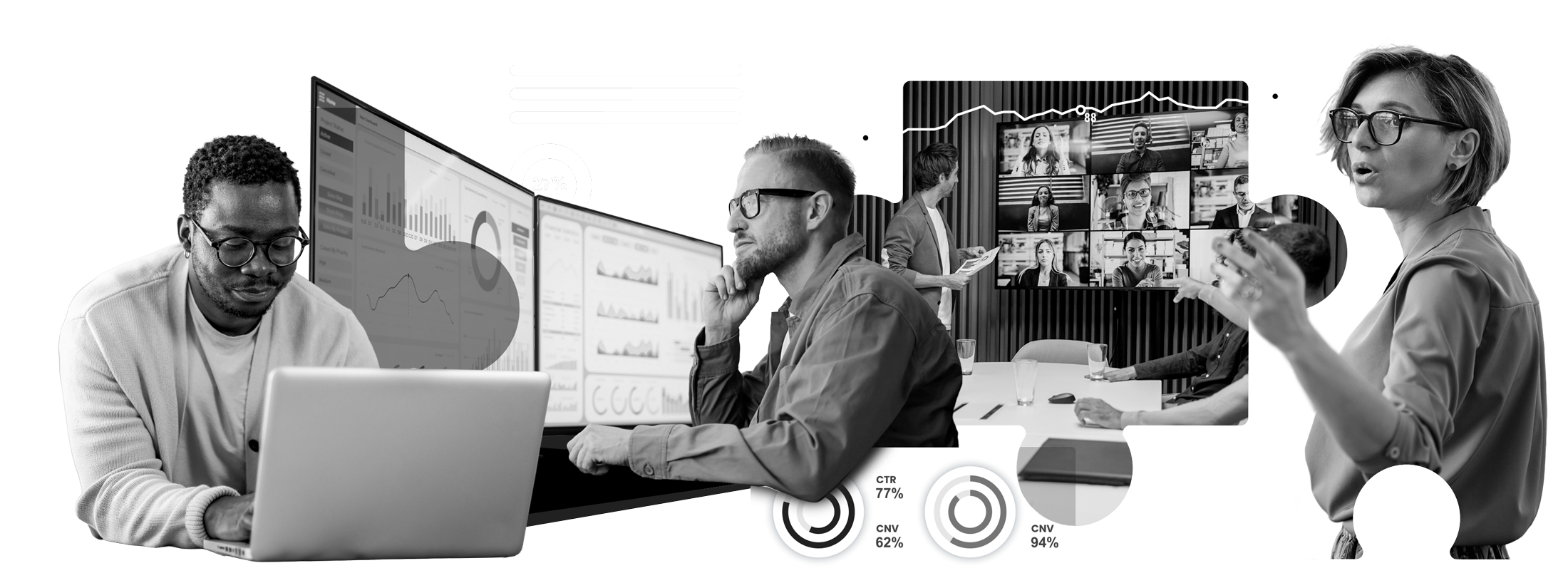 collage of marketers, puzzle pieces, and infographic stats