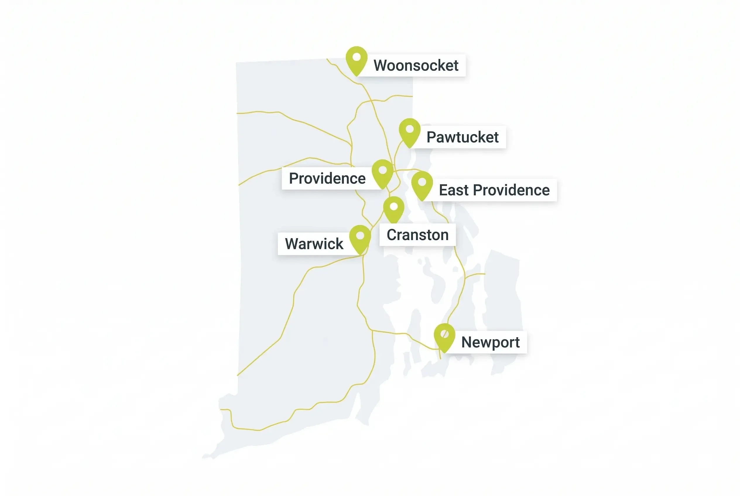 A simplified map of Rhode Island featuring gold highway lines and green location pins marking the cities of Woonsocket, Pawtucket, Providence, East Providence, Cranston, Warwick, and Newport.