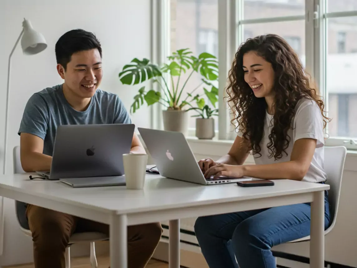 Roommates use laptops at kitchen table.