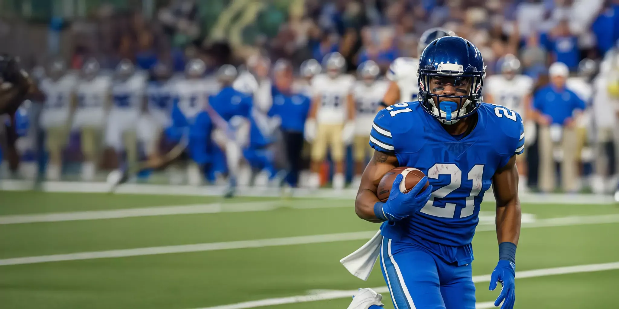 Image of a running back in blue hustling down the field.