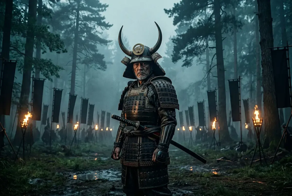 A samurai in full armor and horned helmet stands in a misty forest lined with torches and dark banners.