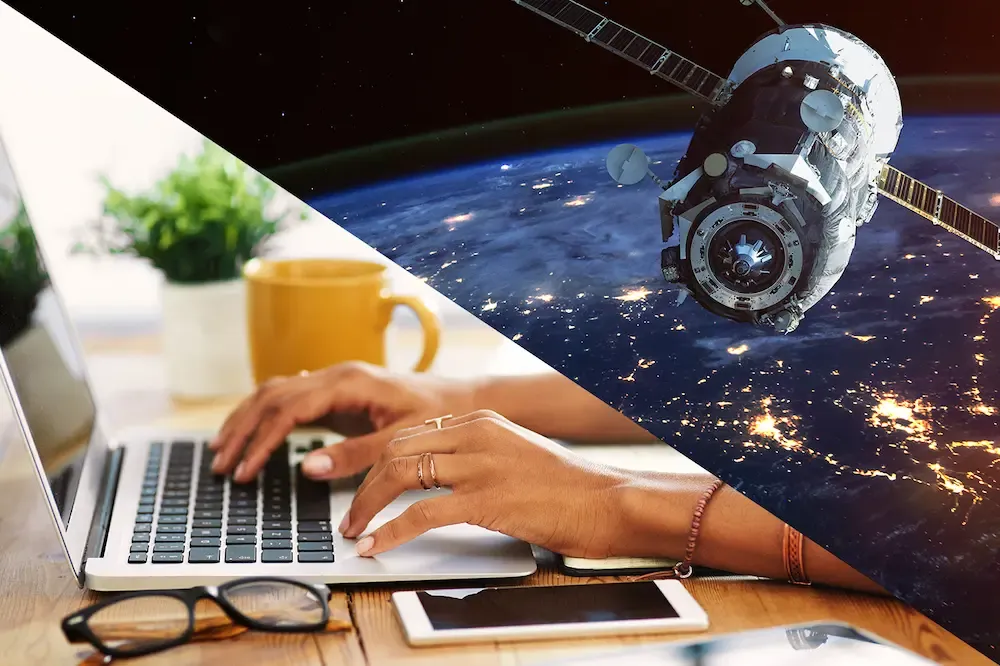 A split image of satellite in space on one side and woman's hands typing laptop on the other