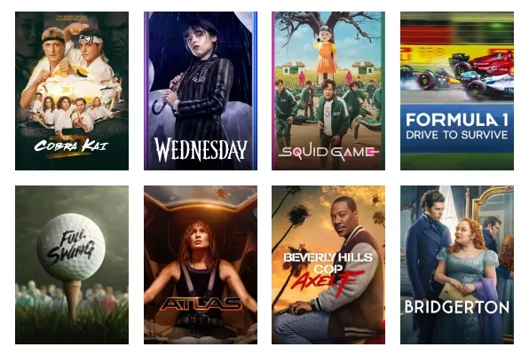 Netflix show posters of Cobra Kai, Wednesday, Squid Game, and others