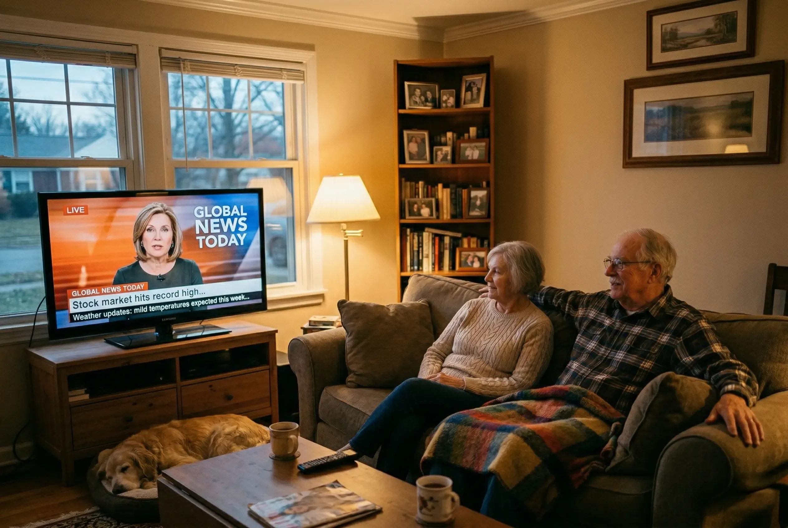 A senior couple sits comfortably on a couch with a blanket, watching a global news broadcast on television in their living room.