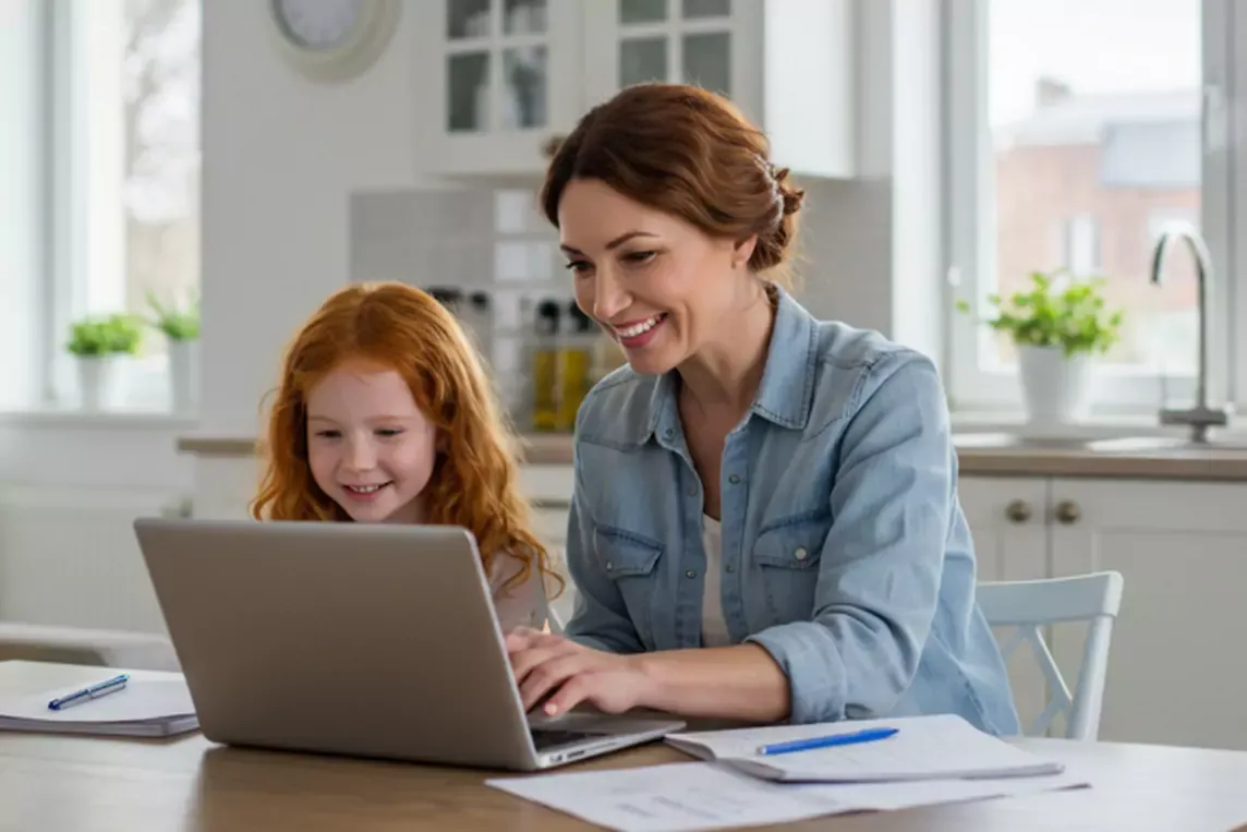 Mom and daughter use simple internet on laptop