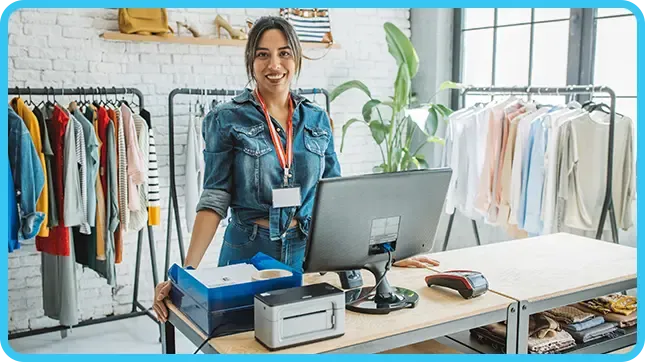 A smiling female shop assistant standing behind a wooden checkout counter in a bright clothing boutique with racks of apparel and a white brick wall in the background.