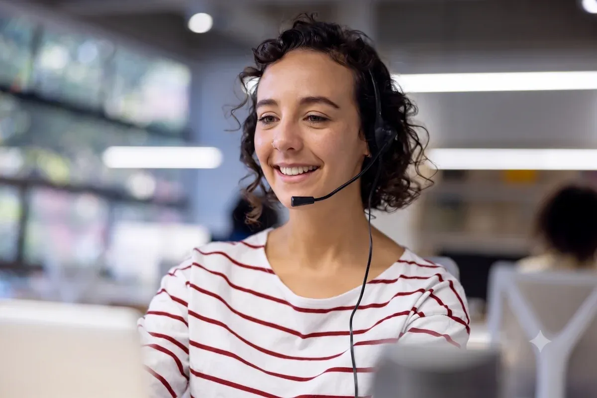 A smiling woman wearing a headset works at her desk in an open office.