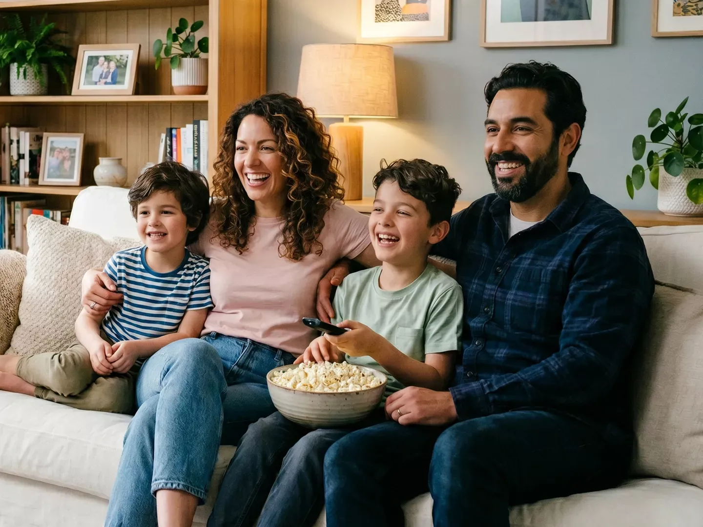 Smiling family of four enjoying some TV and a bowl of popcorn together.