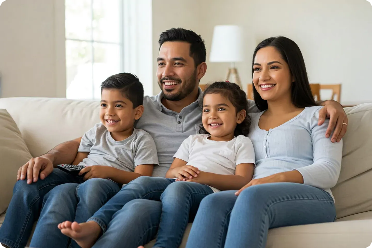 Happy family watching tv together.