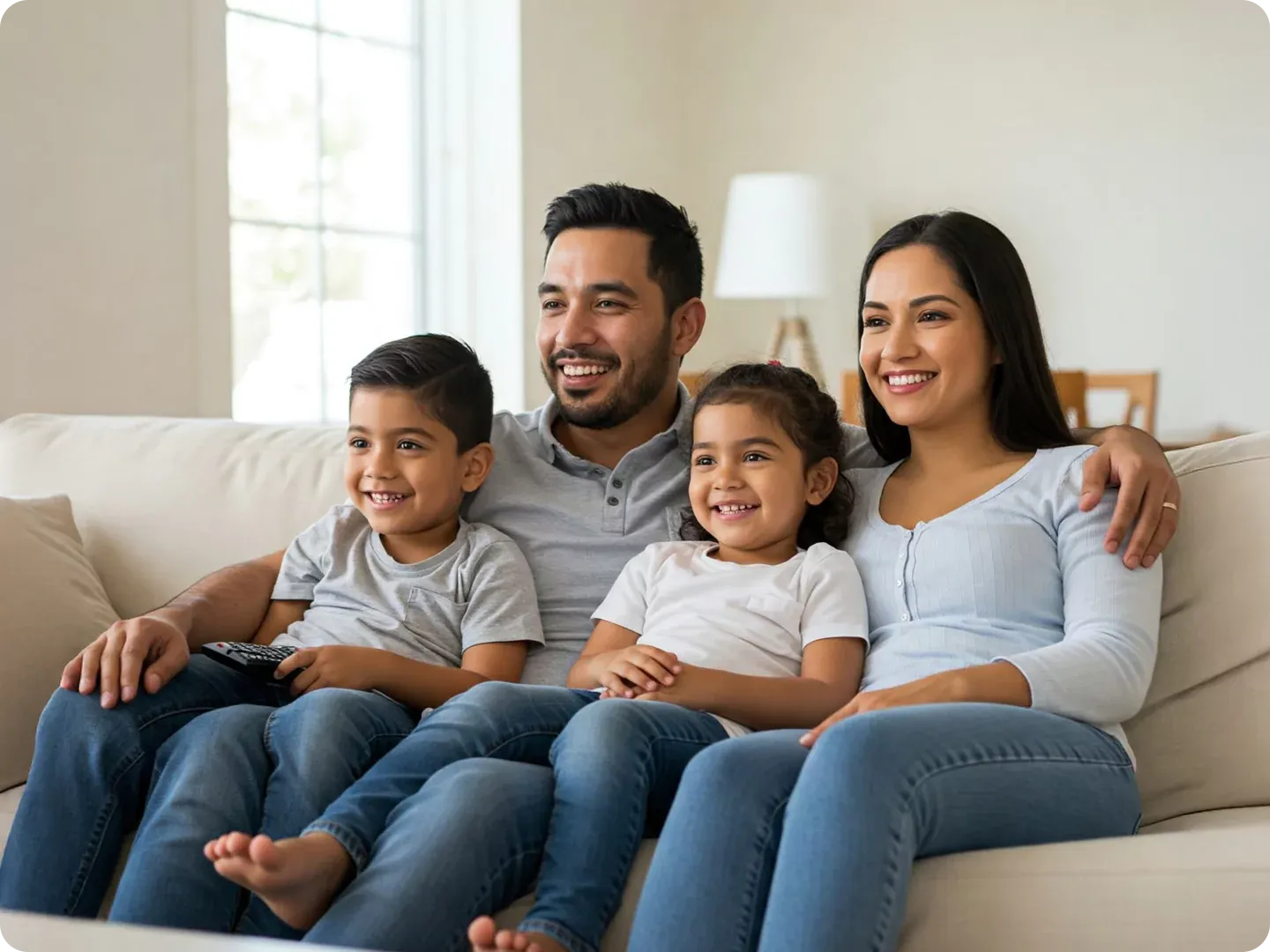 Happy family watching tv together.