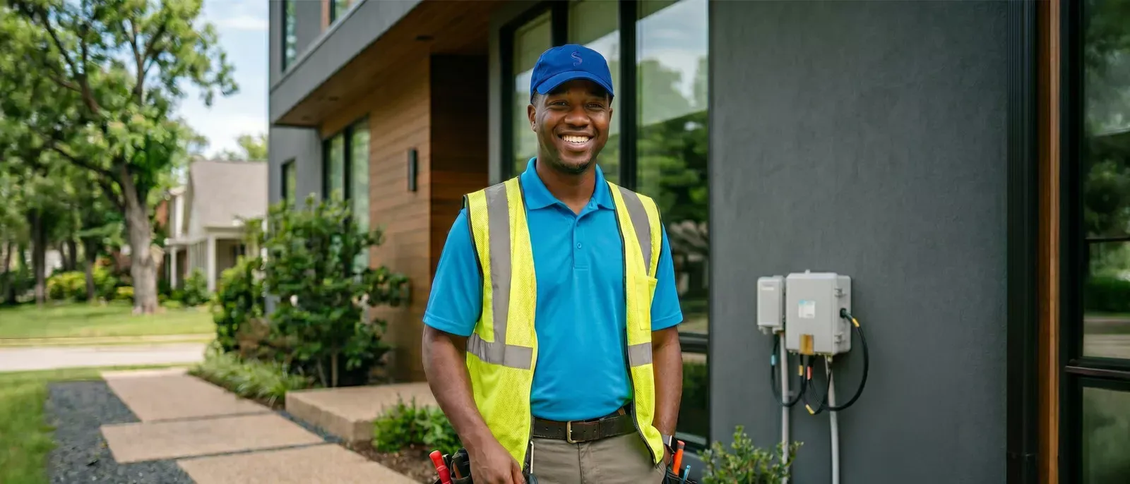 Smiling installer standing out in front of a home.