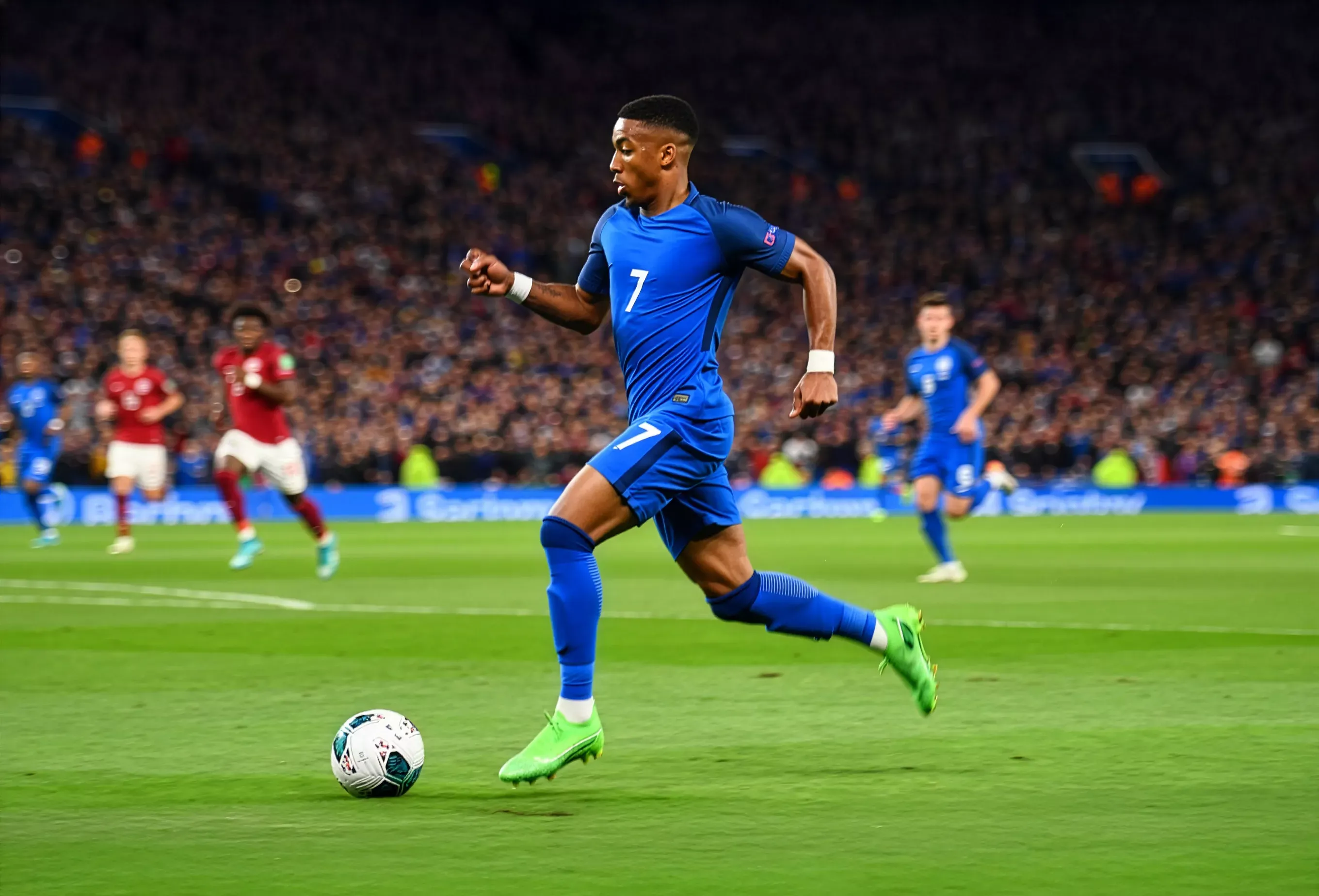 Soccer player kicks ball during game