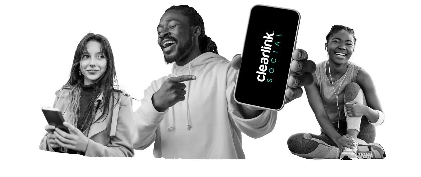 A group of three young people and their smart phones. A young man points at his phone which is showing a logo for Clearlink social