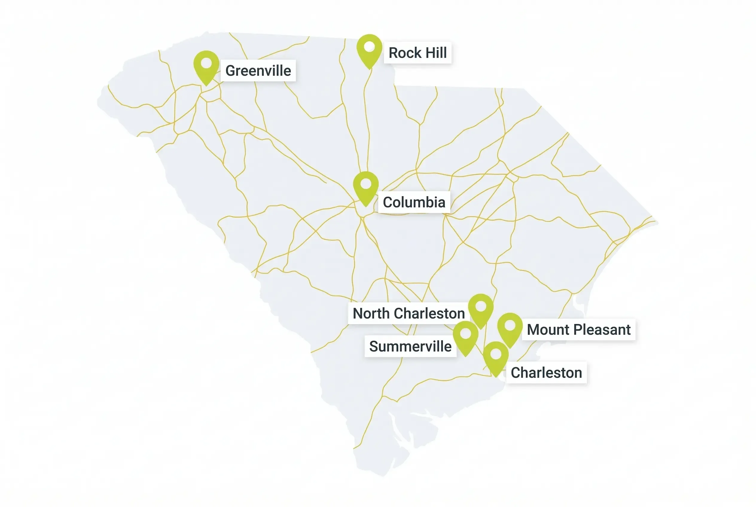 A simplified map of South Carolina featuring gold highway lines and green location pins marking the cities of Greenville, Rock Hill, Columbia, North Charleston, Summerville, Mount Pleasant, and Charleston.