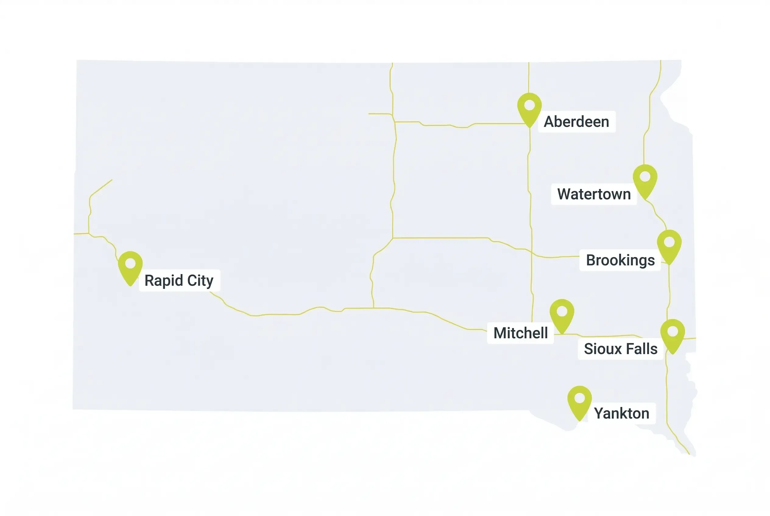 A simplified map of South Dakota featuring gold highway lines and green location pins marking the cities of Rapid City, Mitchell, Aberdeen, Watertown, Brookings, Sioux Falls, and Yankton.