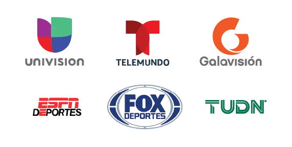 Univision, Telemundo, Galavision, ESPN, Deportes, Fox Deportes, and TUDN logotipos de canales.
