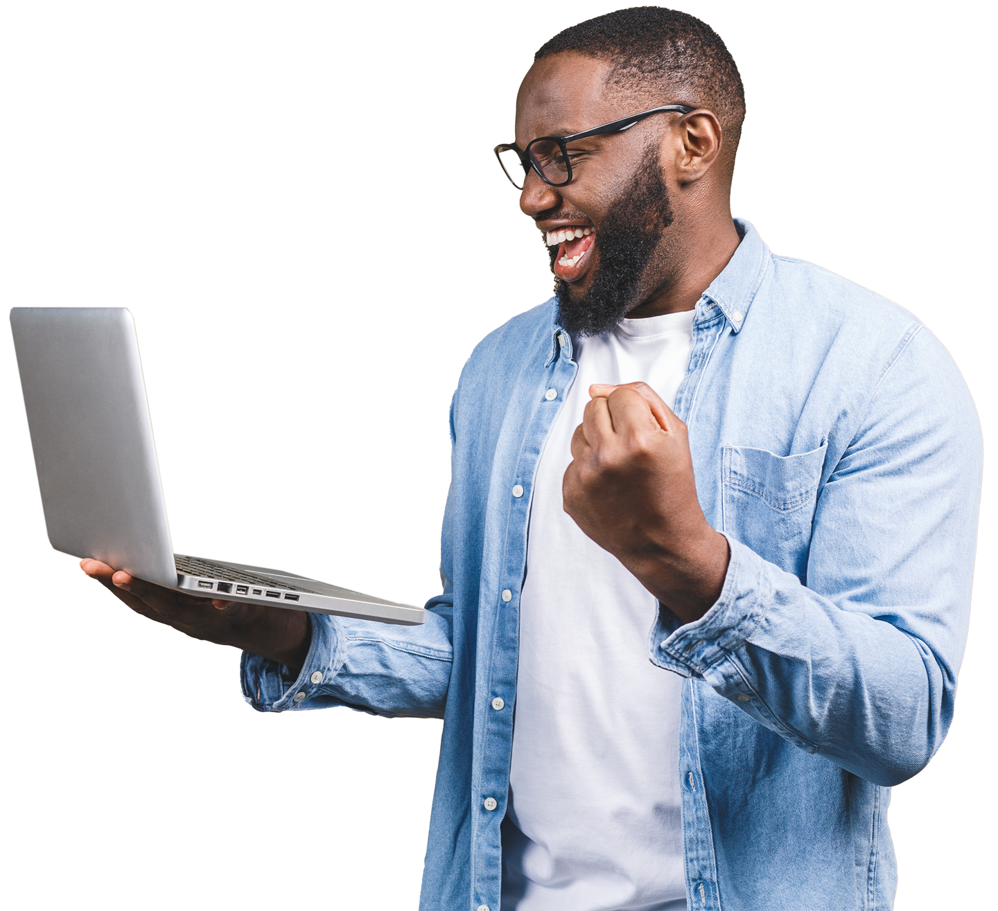 Man fist pumping his success on the internet