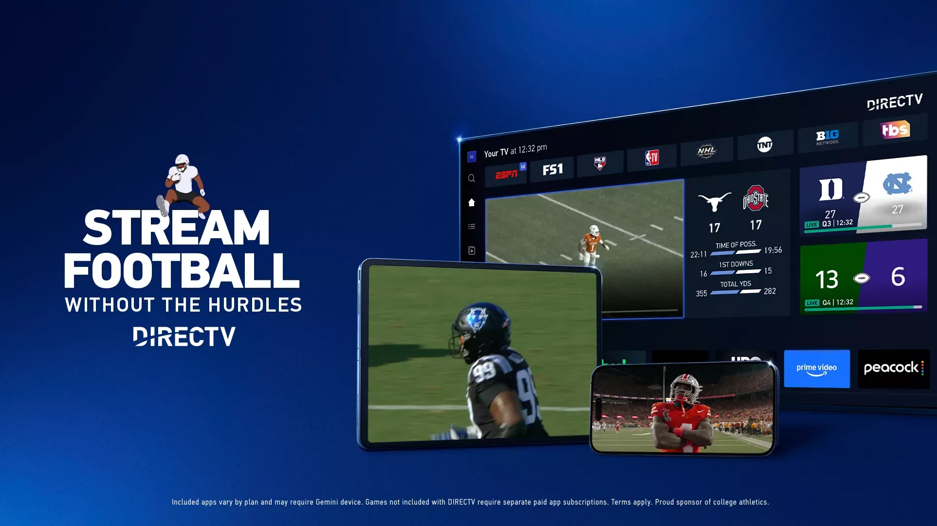 Multiple devices playing football with DIRECTV